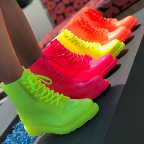 Neon Coral Lace Up Combat Style Rain Boots - Picture 6 of 7